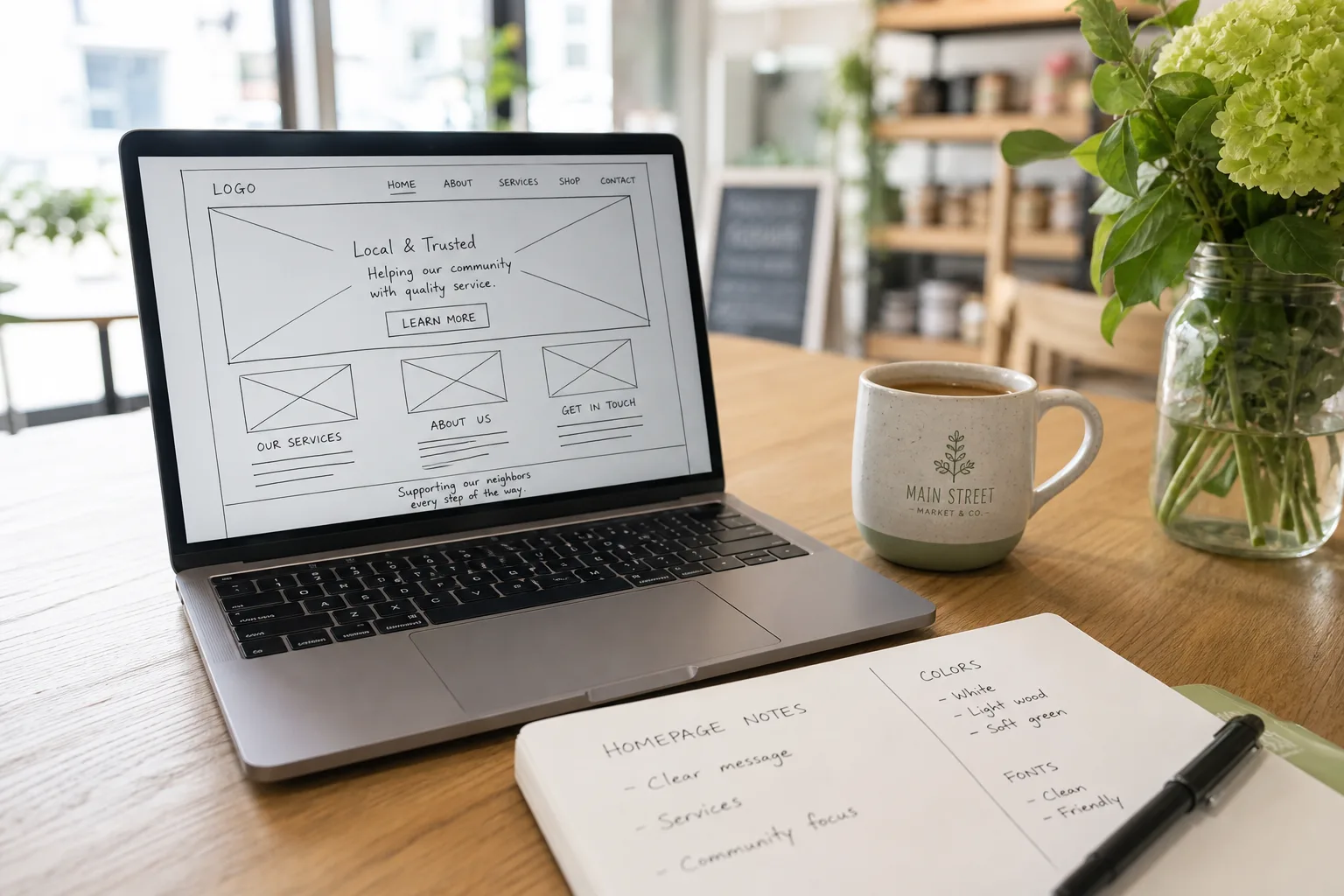ノートパソコンとメモ、コーヒーを使いながらホームページの構成を整理している作業風景