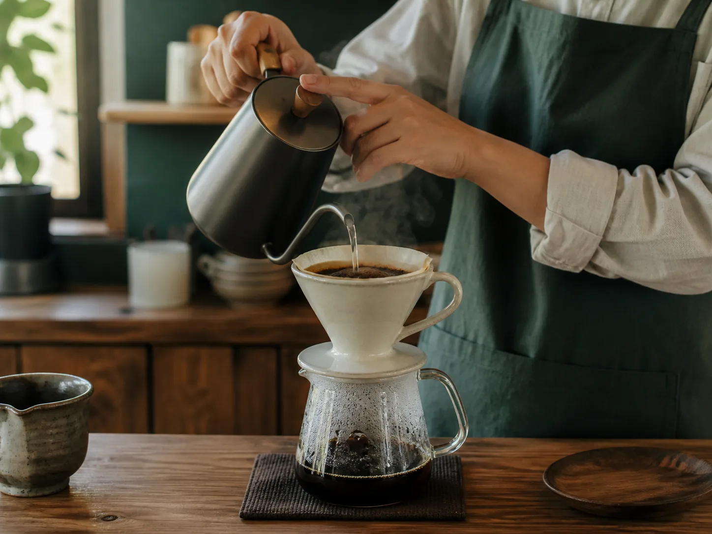 陶器のドリッパーでコーヒーを淹れる手元の生成画像