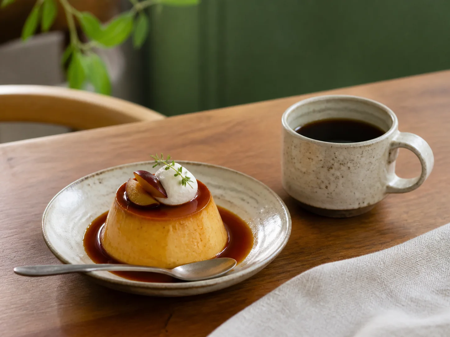 固めのプリンと陶器のコーヒーカップを並べた生成画像