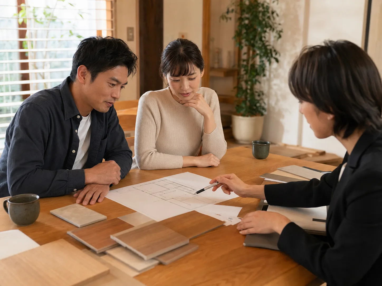 架空の担当者と夫婦が図面を囲んで住宅相談をしているイメージ