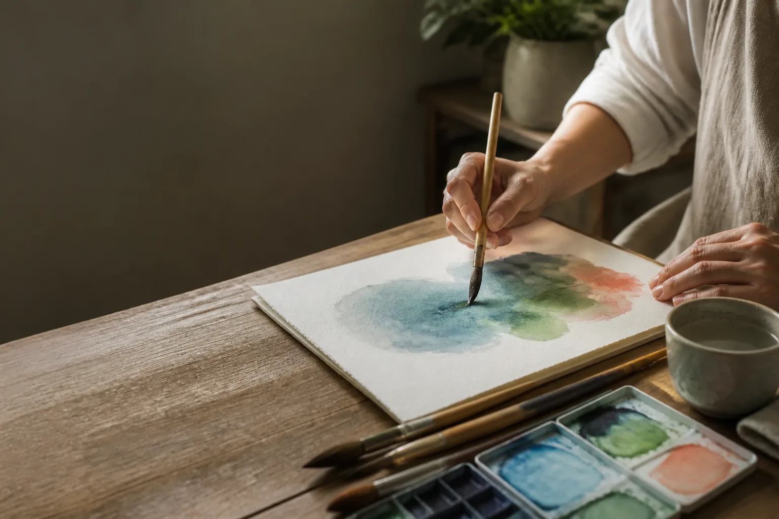 水彩アトリエ ○○HP制作見本。水彩絵具を置く手元のイメージ