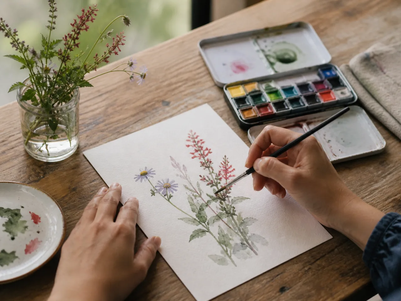 草花を題材に水彩で描く手元