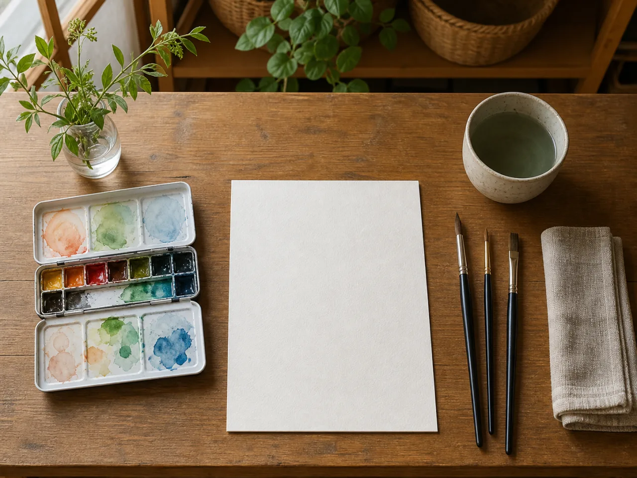 色見本を作るために並べた水彩絵具と筆