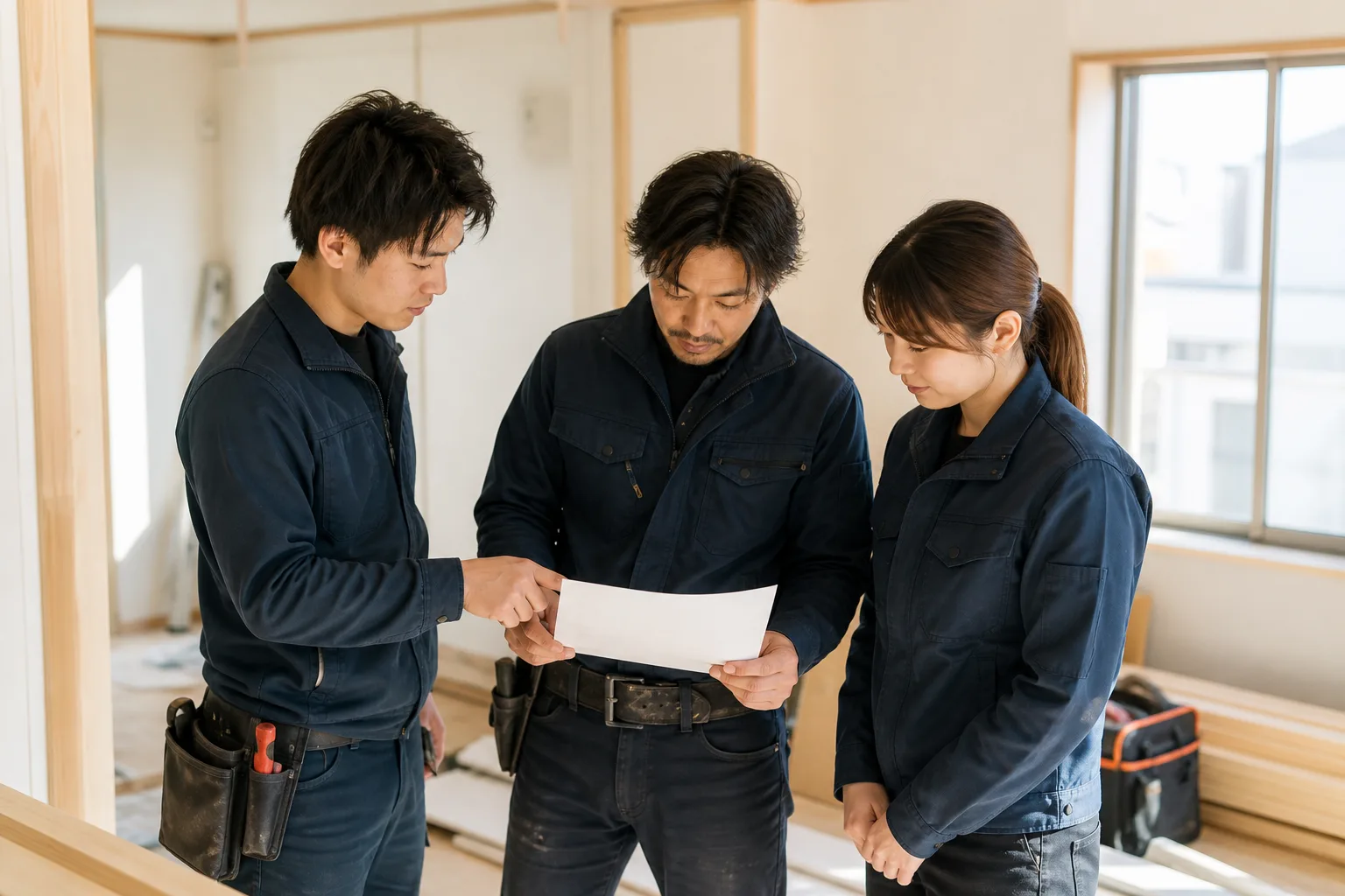 朝の住宅改修現場で作業メモを囲み確認する三人の架空スタッフ