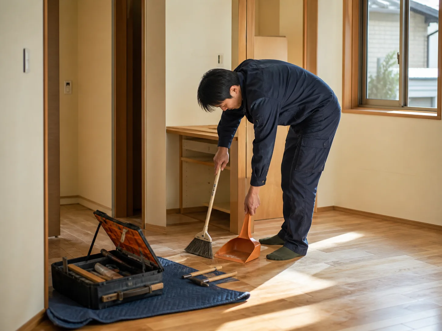 住宅改修後の室内を清掃し道具を片付ける架空の現場スタッフ