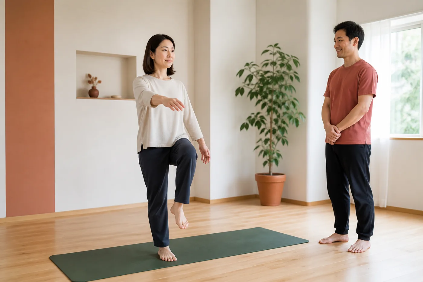 室内で立位の運動に取り組む利用者と見守るスタッフのイメージ