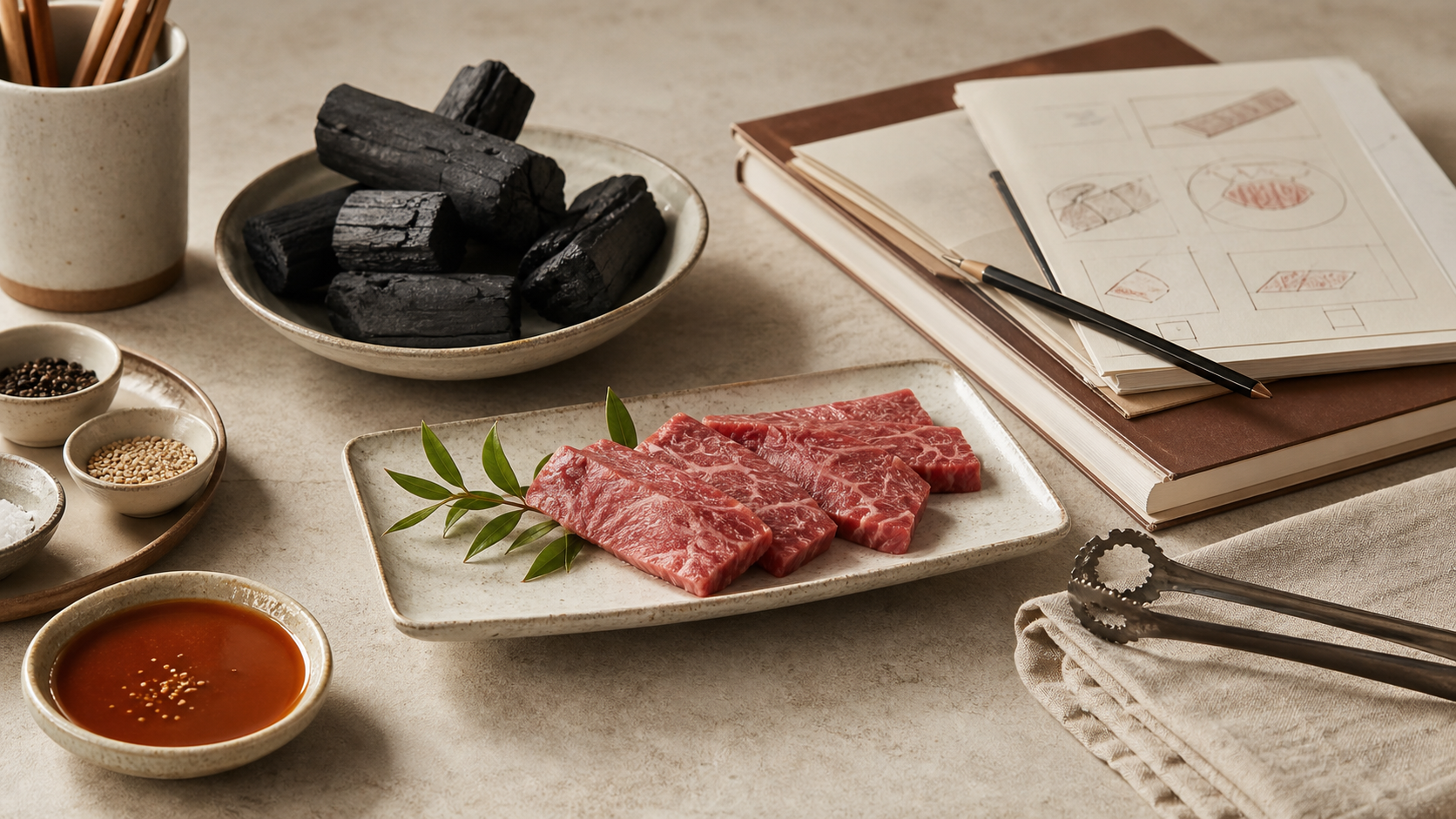 焼肉○○の準備イメージ。肉と炭火の様子